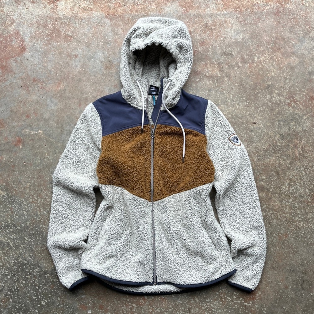 KUHL Womens XS Sherpa Fleece Full Zip Hoodie Grey Brown Navy Colorblock 4429